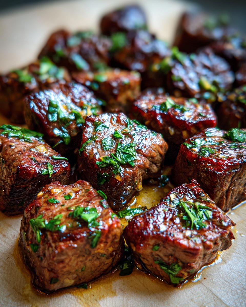 Close-up of Irresistible Juicy Garlic Butter Steak Bites, glistening with butter and herbs.
