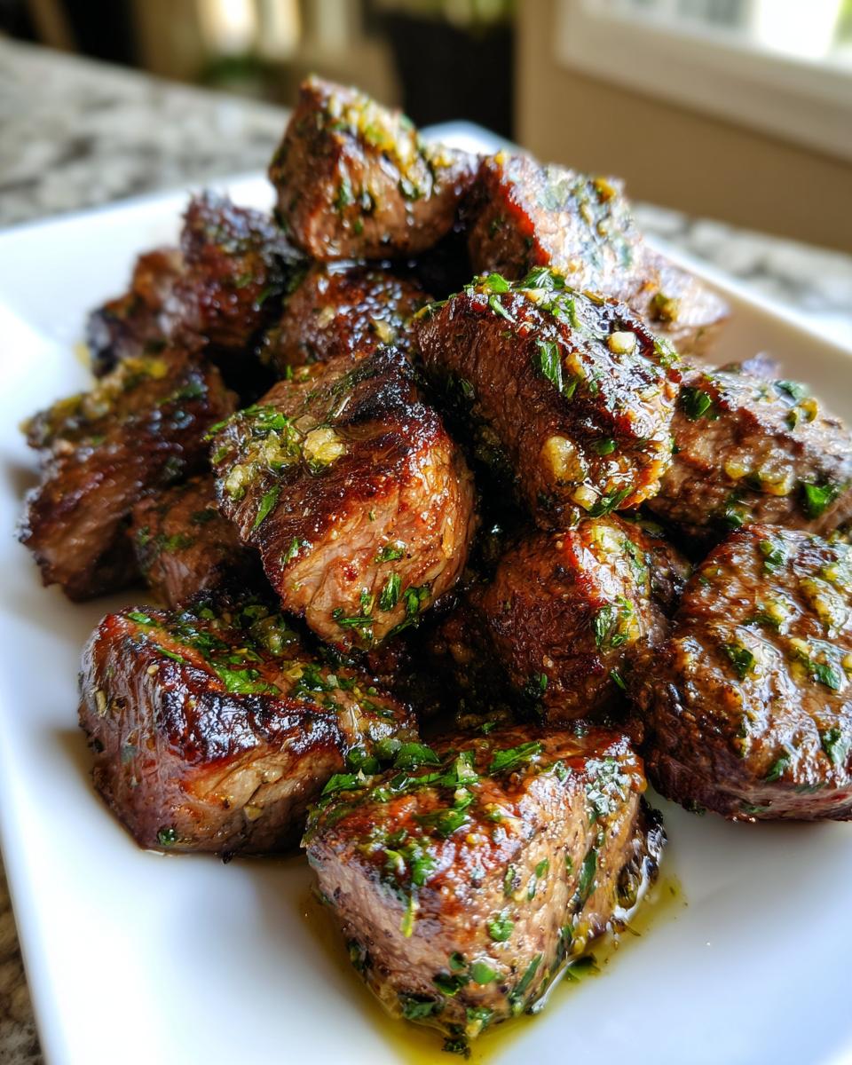 A pile of Irresistible Juicy Garlic Butter Steak Bites glistening with butter and herbs on a white plate.