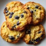 A close-up of Irresistible Lemon Blueberry Cookies, showing golden-brown baked cookies studded with blueberries and flecks of lemon zest.