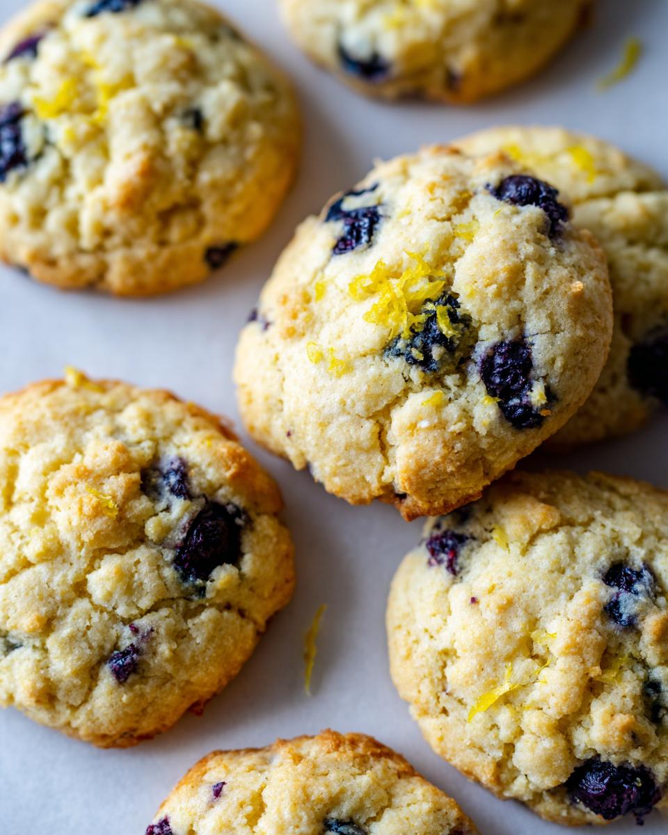 Close-up of Irresistible Lemon Blueberry Cookies with visible blueberries and lemon zest.