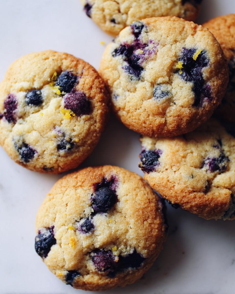 A close-up of several Irresistible Lemon Blueberry Cookies, showcasing plump blueberries and golden-brown cookie texture.