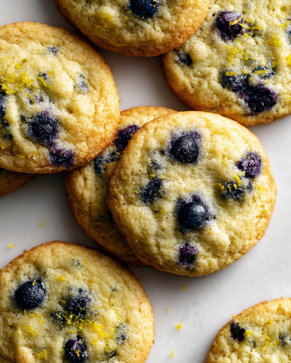 Close-up of Irresistible Lemon Blueberry Cookies, showing plump blueberries and bright lemon zest.