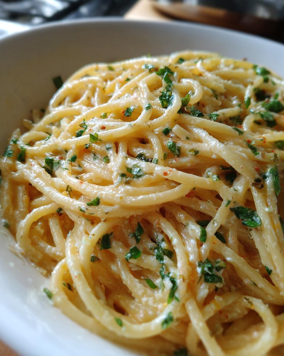 A close-up shot of Irresistible Lemon Ricotta Pasta, showing creamy sauce coating spaghetti and fresh herbs.