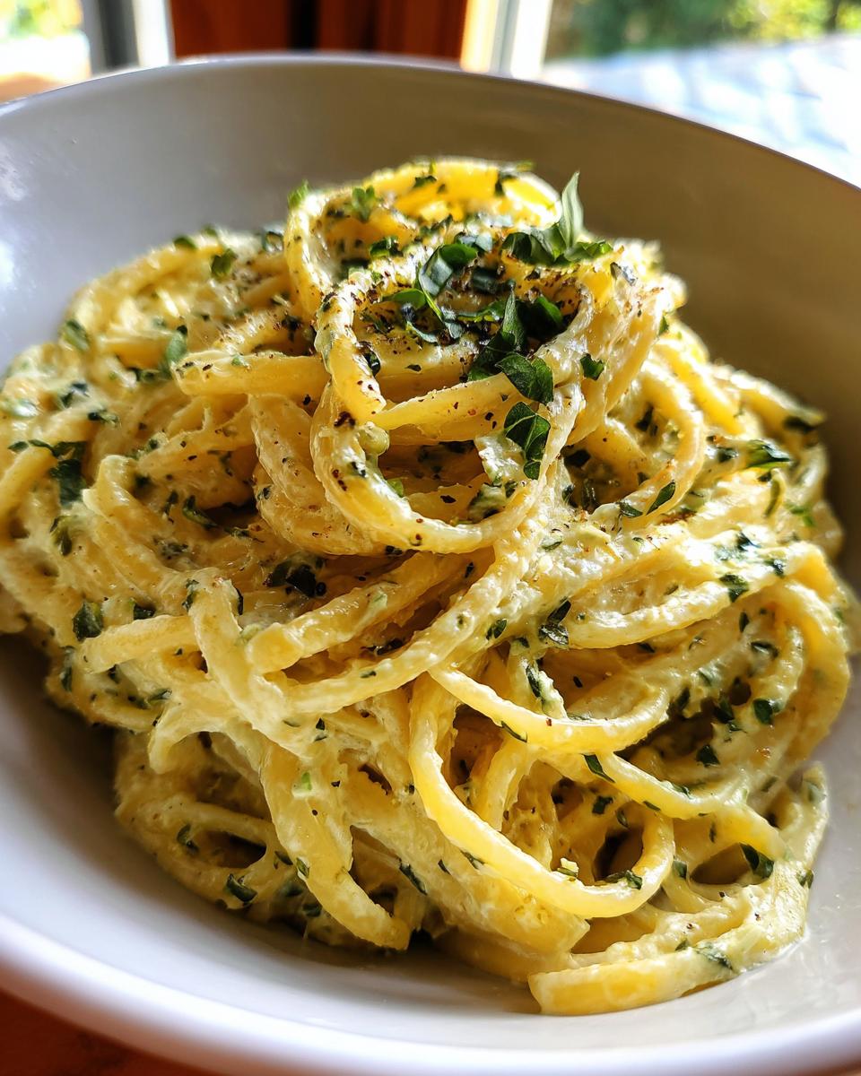A close-up of Irresistible Lemon Ricotta Pasta, coated in a creamy sauce and garnished with fresh herbs.