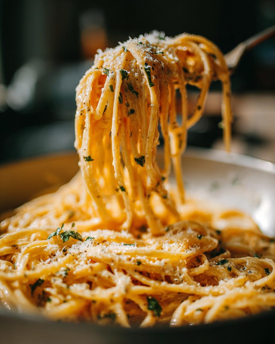 Close-up of Irresistible Lemon Ricotta Pasta twirled on a fork, with fresh parsley and grated cheese.