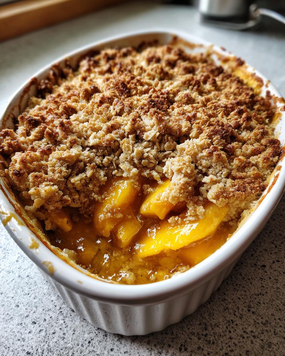 Close-up of a freshly baked Irresistible Mango Crumble in a white baking dish, showing golden fruit and crunchy topping.