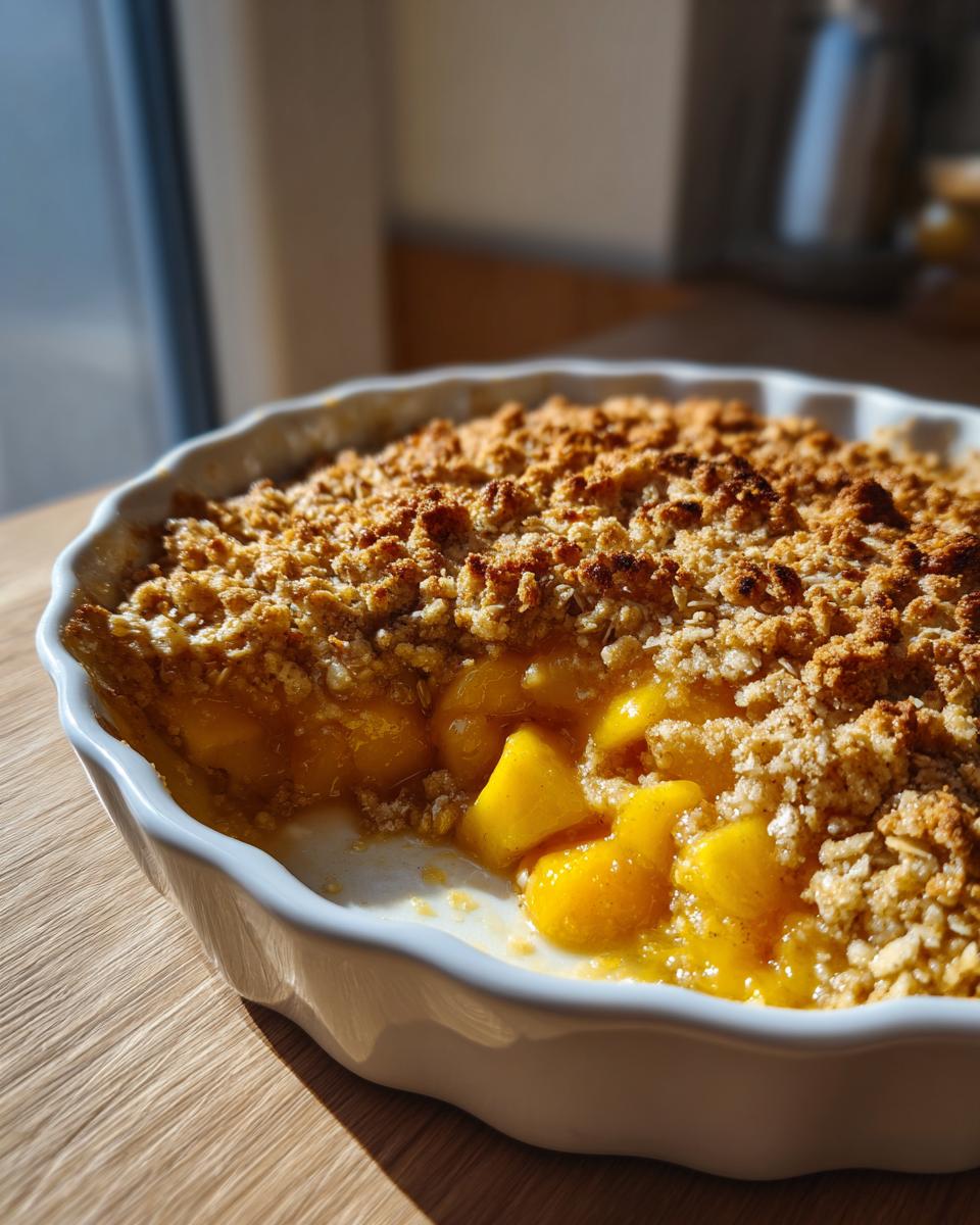Close-up of a freshly baked Irresistible Mango Crumble Recipe in a white dish, showing juicy mango pieces and a golden crumble topping.
