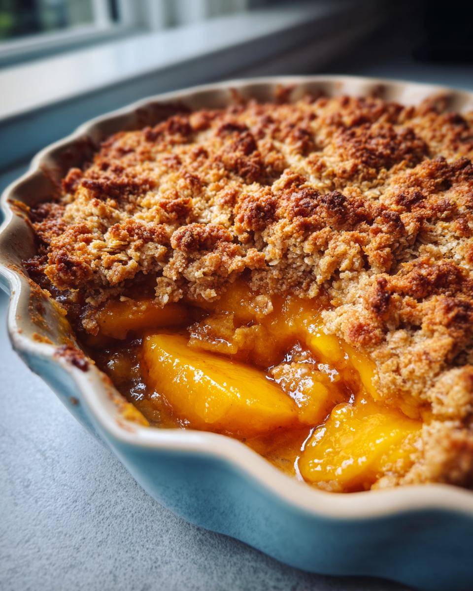 Close-up of a freshly baked Irresistible Mango Crumble Recipe with golden brown crumble topping and juicy mango filling.