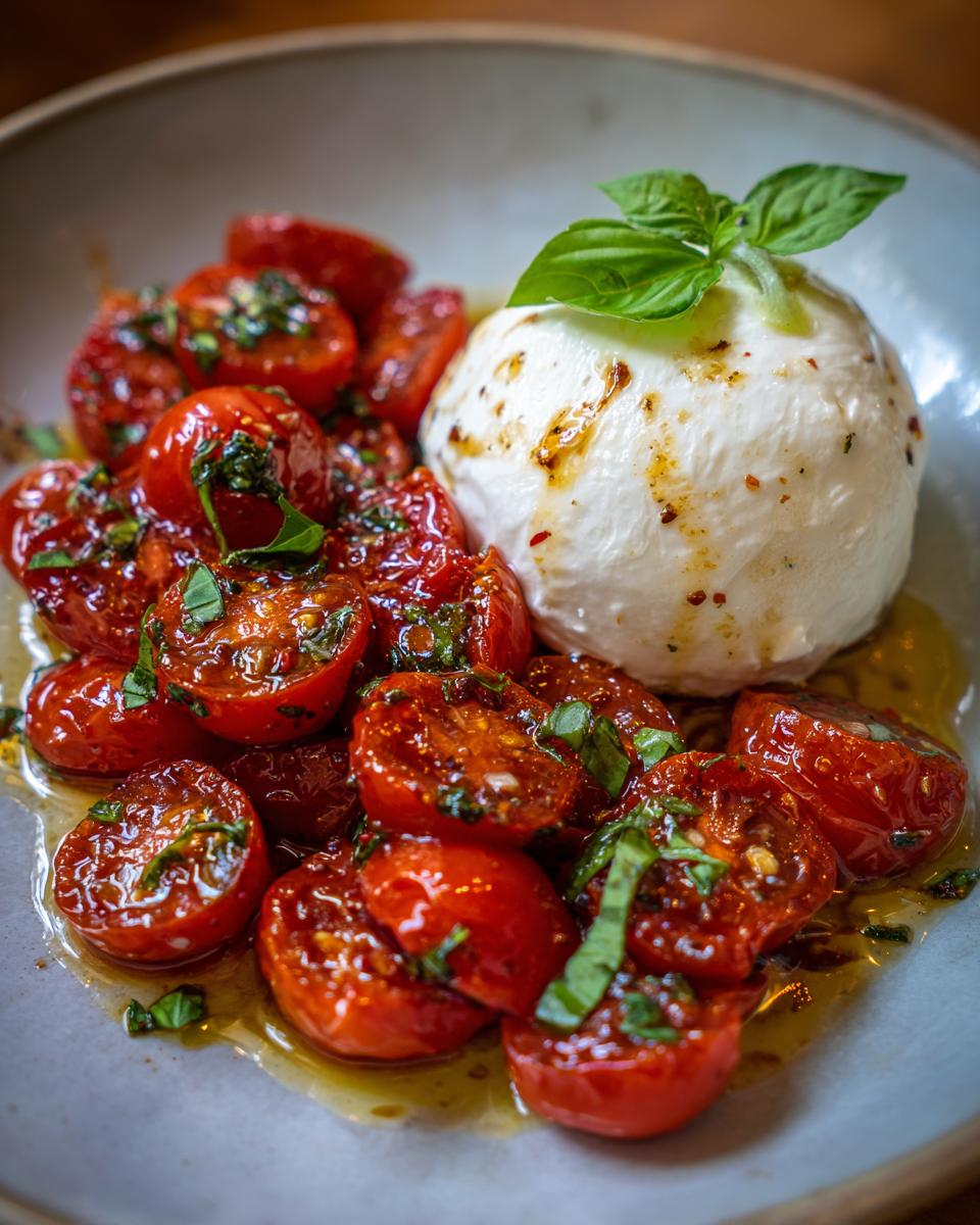 Close-up of an Irresistible Marinated Tomato and Burrata Salad, featuring halved cherry tomatoes and a ball of burrata cheese topped with basil.