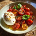 A close-up of an Irresistible Marinated Tomato and Burrata Salad with fresh basil leaves and a drizzle of dressing.