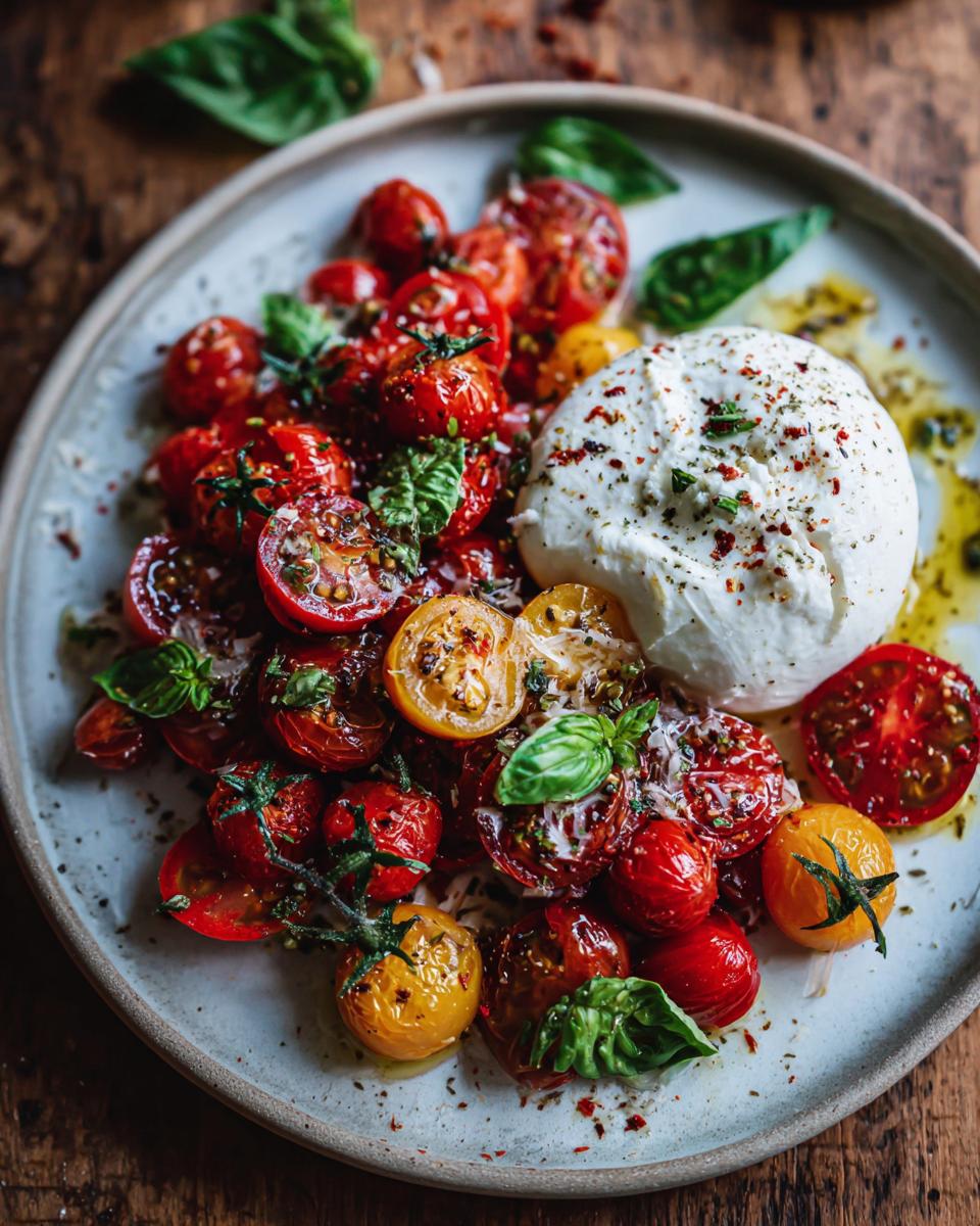 Close-up of an Irresistible Marinated Tomato and Burrata Salad with fresh basil and olive oil.