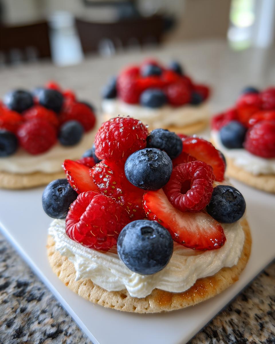 Close-up of an Irresistible Mini Fruit Pizza with red strawberries, blueberries, and raspberries on cream cheese frosting.