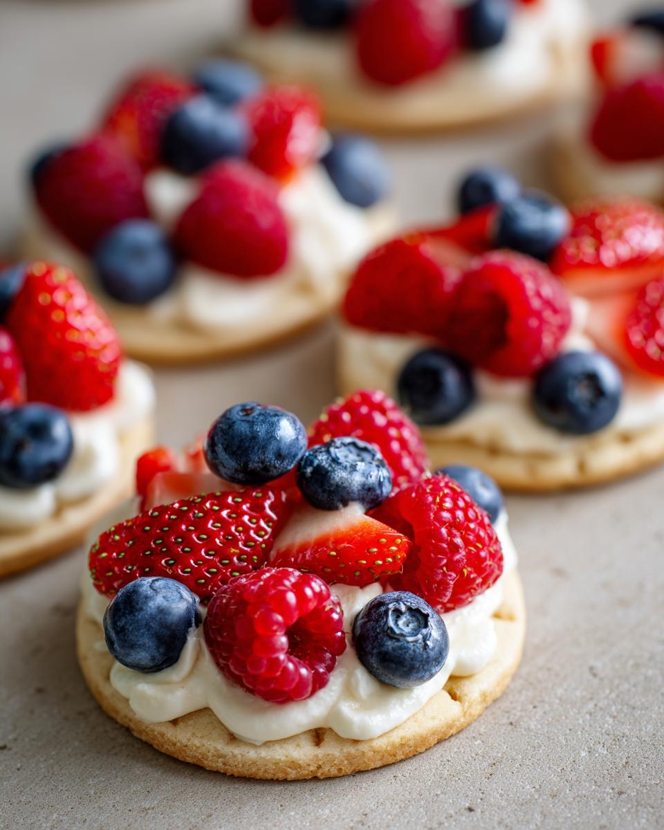 Close-up of Irresistible Mini Fruit Pizzas with red strawberries, raspberries, and blue blueberries on cream cheese frosting.