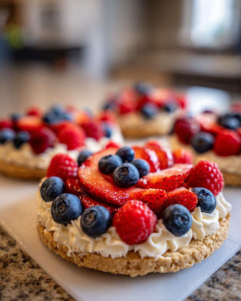 Close-up of Irresistible Mini Fruit Pizzas Red White Blue Treats topped with fresh strawberries, blueberries, and raspberries on whipped cream.