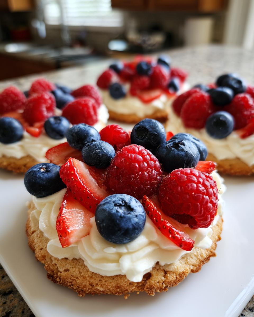 Close-up of Irresistible Mini Fruit Pizzas Red White Blue Treats topped with whipped cream and fresh berries.