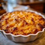 Close-up of an Irresistible Peach Cobbler With Fresh Peaches baked in a white dish, with a golden-brown, bubbly topping.