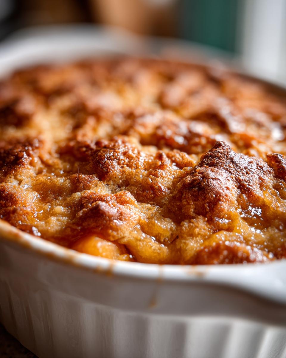 Close-up of a freshly baked Irresistible Peach Cobbler with a golden-brown, bubbly topping in a white baking dish.