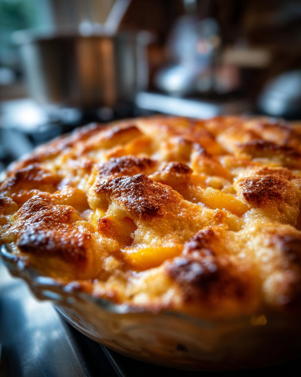 Close-up of a golden-brown, freshly baked Irresistible Peach Cobbler With Fresh Peaches, showing bubbling fruit and a crisp topping.