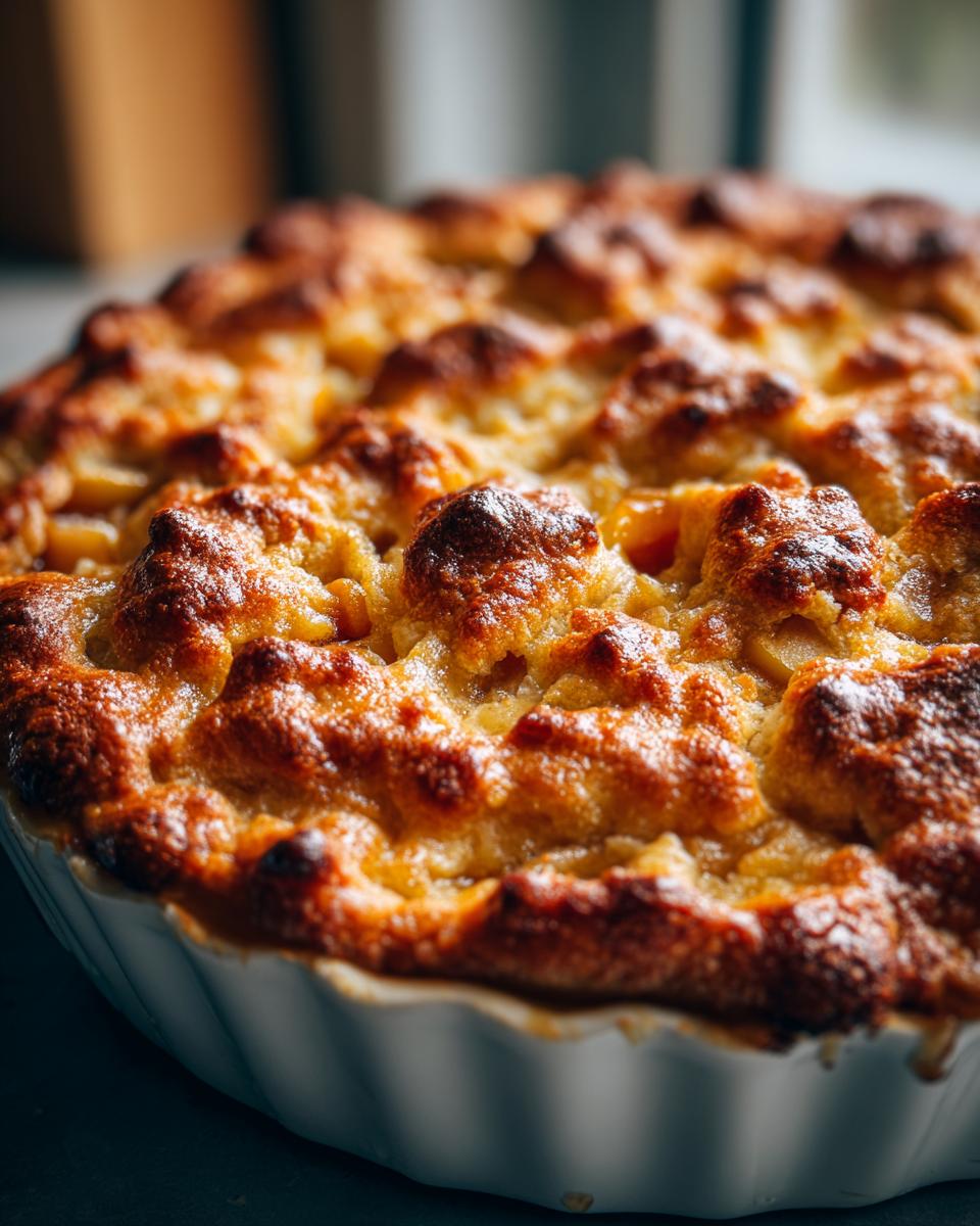 Close-up of a freshly baked Irresistible Peach Cobbler With Fresh Peaches in a white baking dish, golden brown topping.