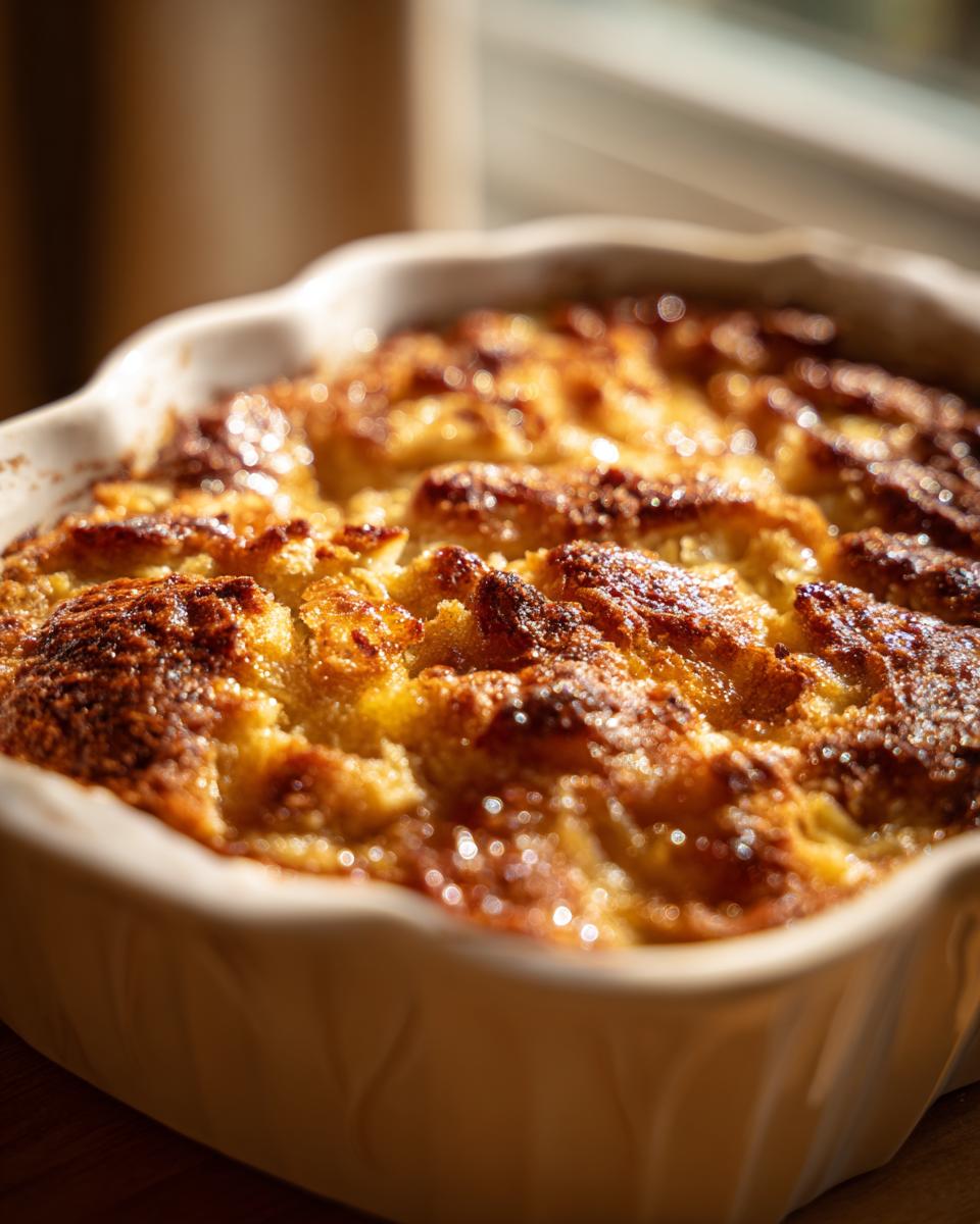 Close-up of an Irresistible Peach Cobbler with Fresh Peaches, baked to golden perfection in a white dish.