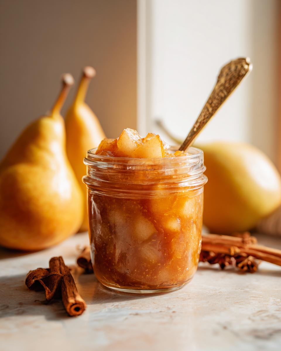 A close-up of a jar filled with Irresistible Pear Preserves, with pears and cinnamon sticks in the background.