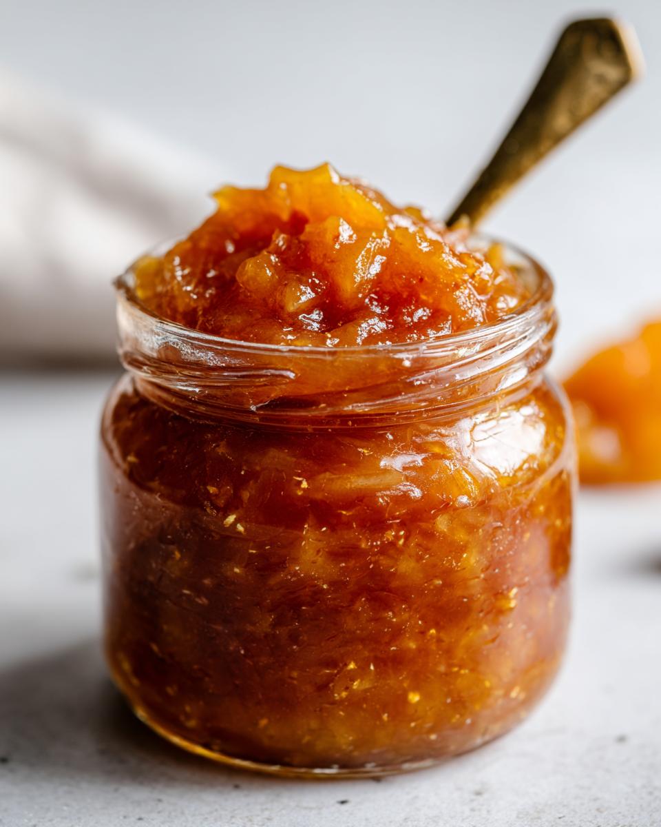 Close-up of a jar filled with Irresistible Pear Preserves, with a spoon inside.