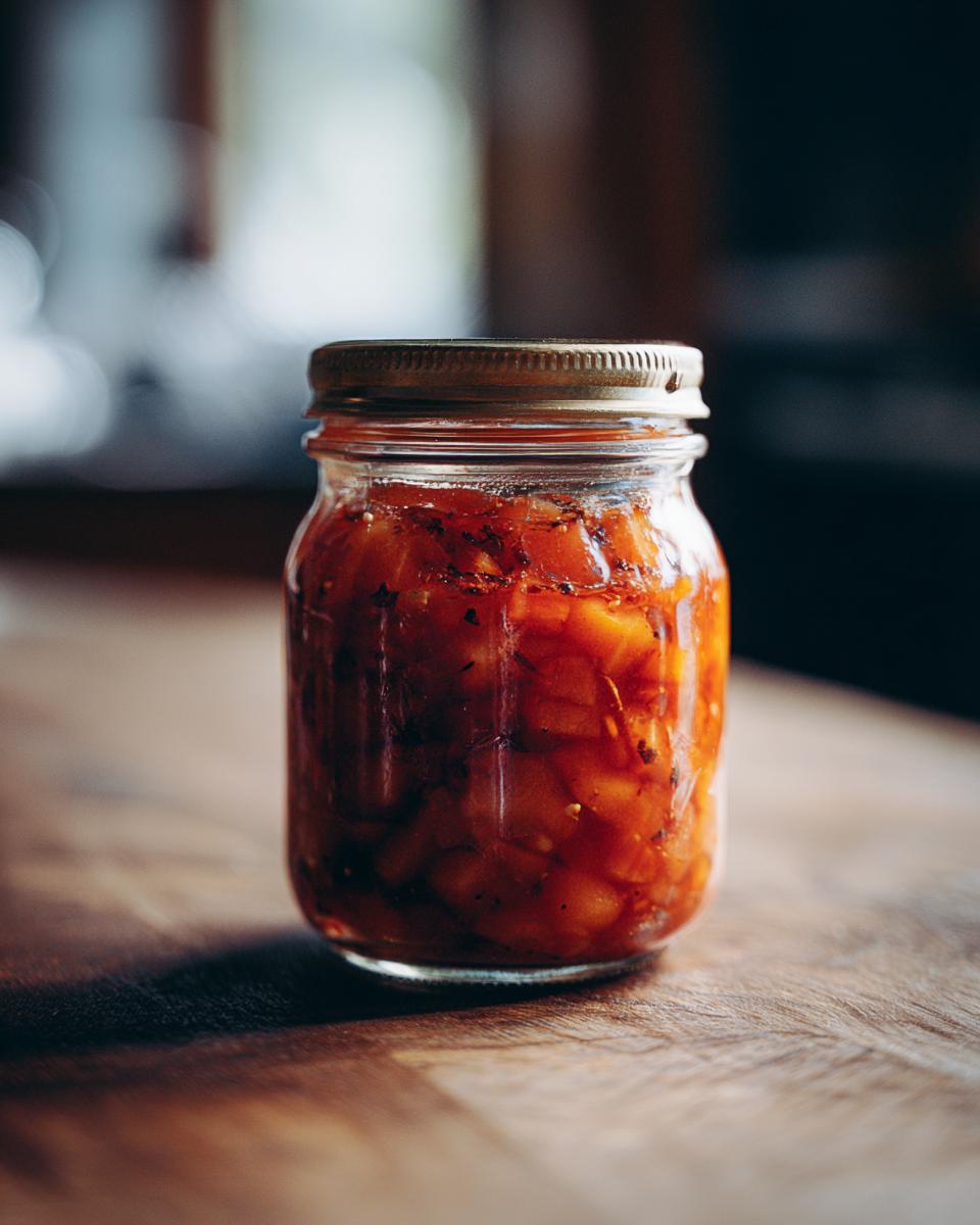 A close-up of a glass jar filled with Irresistible Pear Preserves, showcasing the chunky texture and rich color.