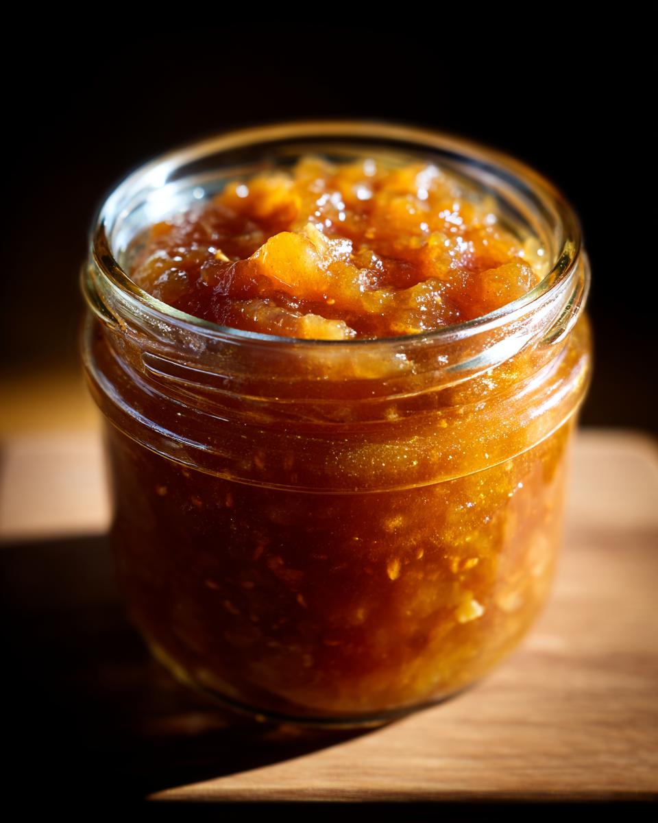 A close-up of a glass jar filled with glistening, amber-colored Irresistible Pear Preserves.
