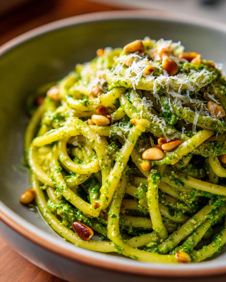 Close-up of Irresistible Pesto Pasta coated in vibrant green sauce, topped with pine nuts and Parmesan cheese.