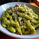 A close-up of Irresistible Pesto Pasta, coated in vibrant green pesto sauce and topped with pine nuts and grated Parmesan cheese.
