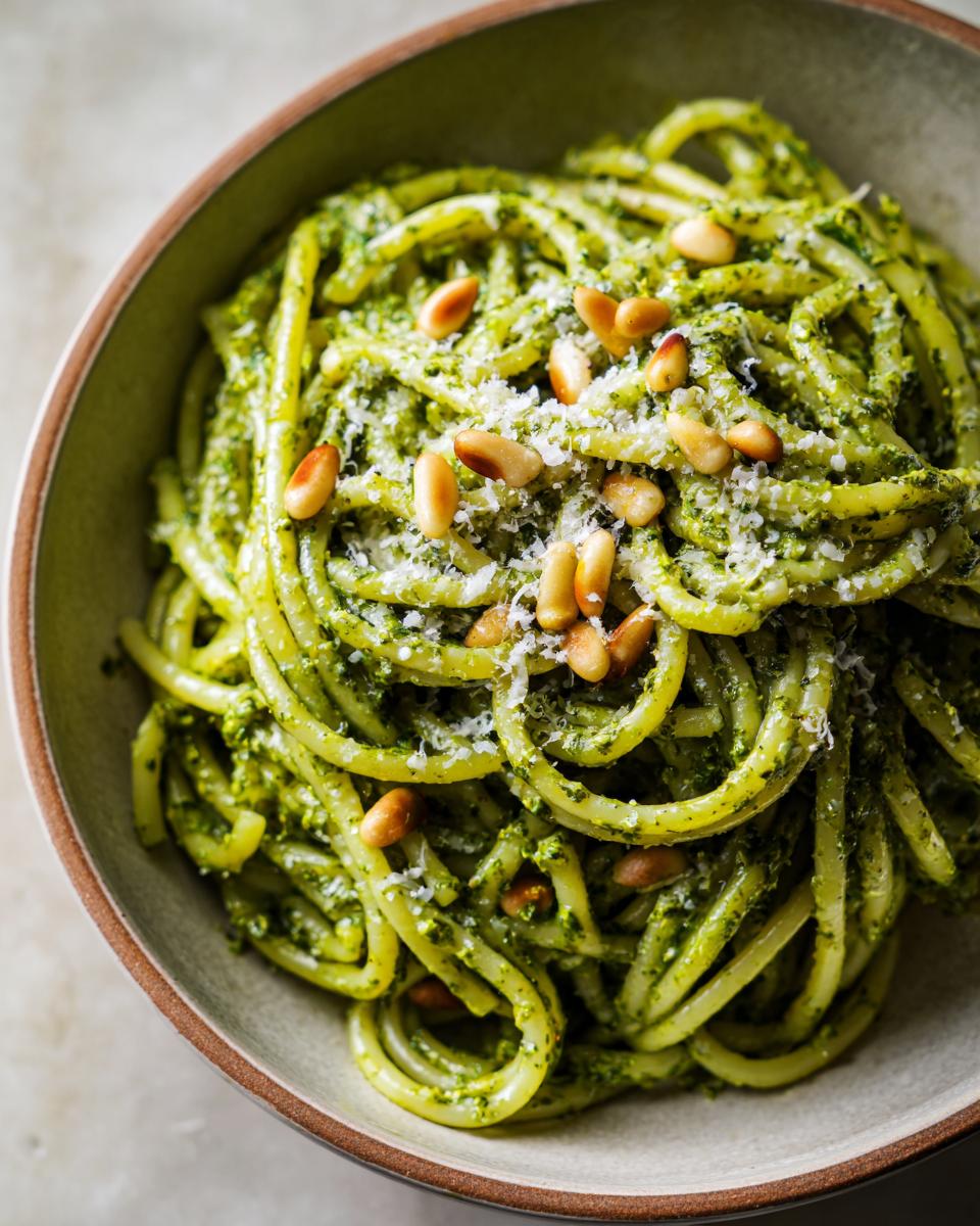 A close-up of Irresistible Pesto Pasta, coated in vibrant green pesto sauce and topped with toasted pine nuts and grated Parmesan.