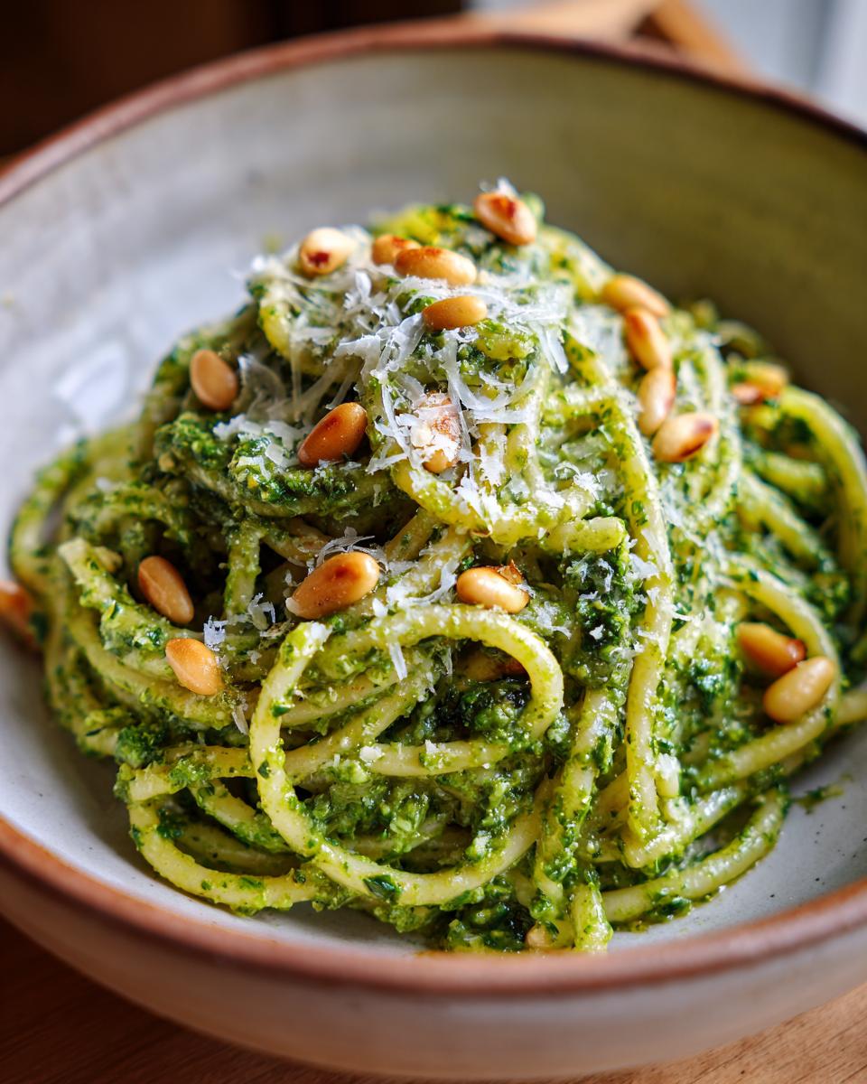 A close-up of Irresistible Pesto Pasta, coated in vibrant green pesto sauce and topped with pine nuts and grated Parmesan cheese.