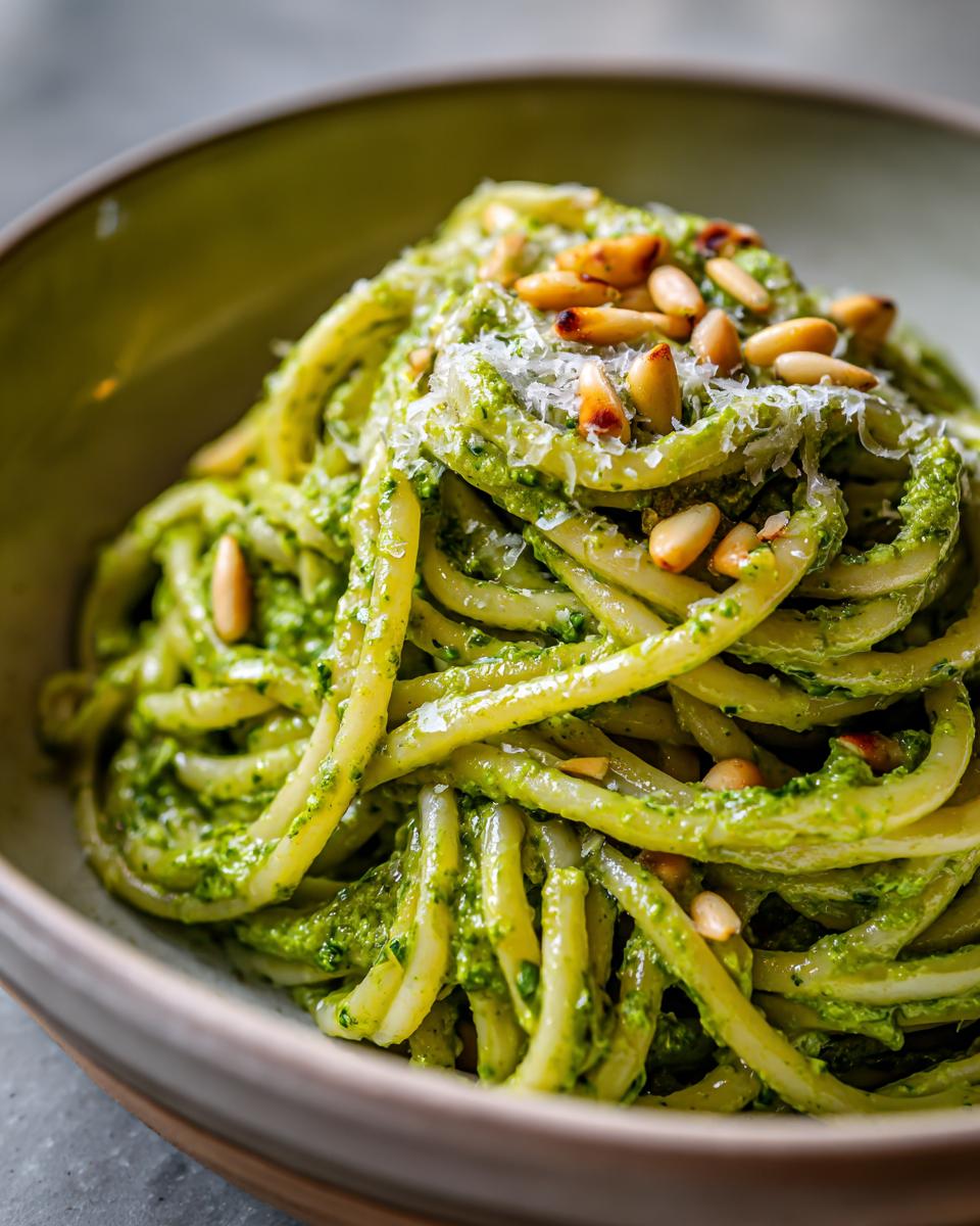 A close-up of Irresistible Pesto Pasta, coated in vibrant green pesto and topped with toasted pine nuts and Parmesan cheese.