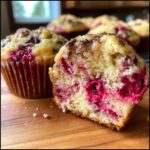 Close-up of an Irresistible Raspberry Chocolate Chip Cupcake, cut in half to show moist interior with raspberries and chocolate chips.