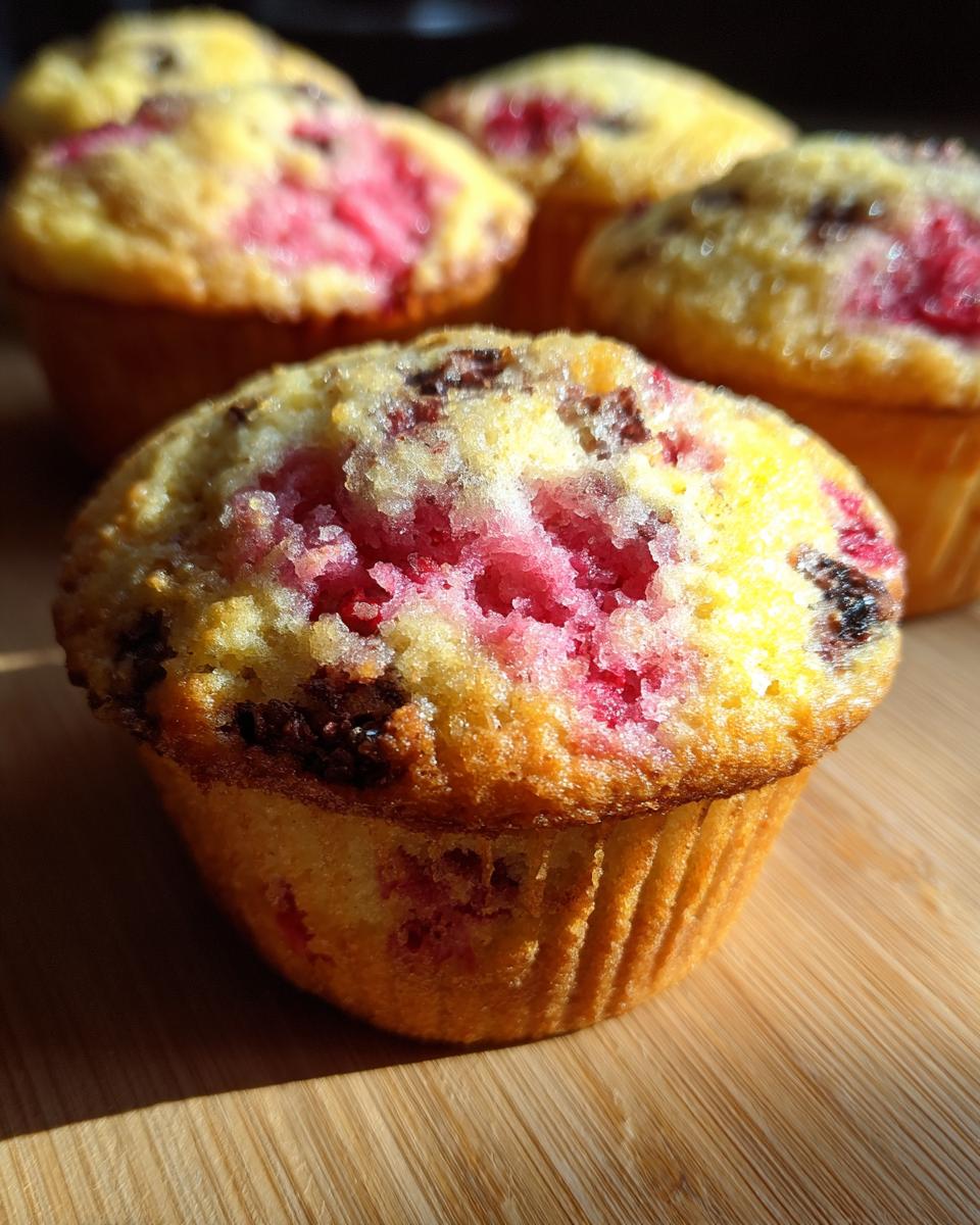 Close-up of an Irresistible Raspberry Chocolate Chip Cupcake with visible raspberries and chocolate chips.