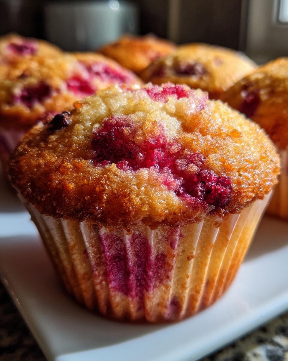 Close-up of an irresistible raspberry chocolate chip cupcake, with visible raspberries and a golden-brown top.