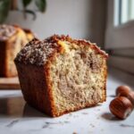 A close-up of a slice of Irresistible Sicilian Hazelnut Cake, showing its moist crumb and hazelnut swirls.