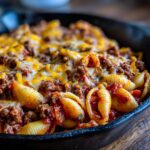 Close-up of an Irresistible Simple Ground Beef Shells Skillet topped with melted cheese.