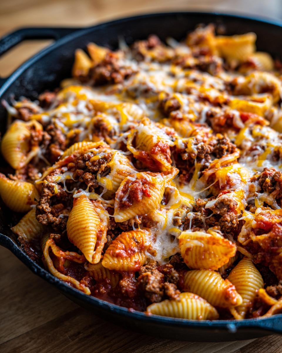 Close-up of an Irresistible Simple Ground Beef Shells Skillet with melted cheese.