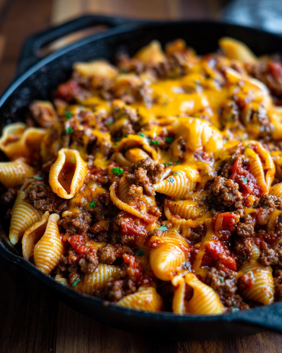 Close-up of Irresistible Simple Ground Beef Shells Skillet topped with melted cheese and parsley.