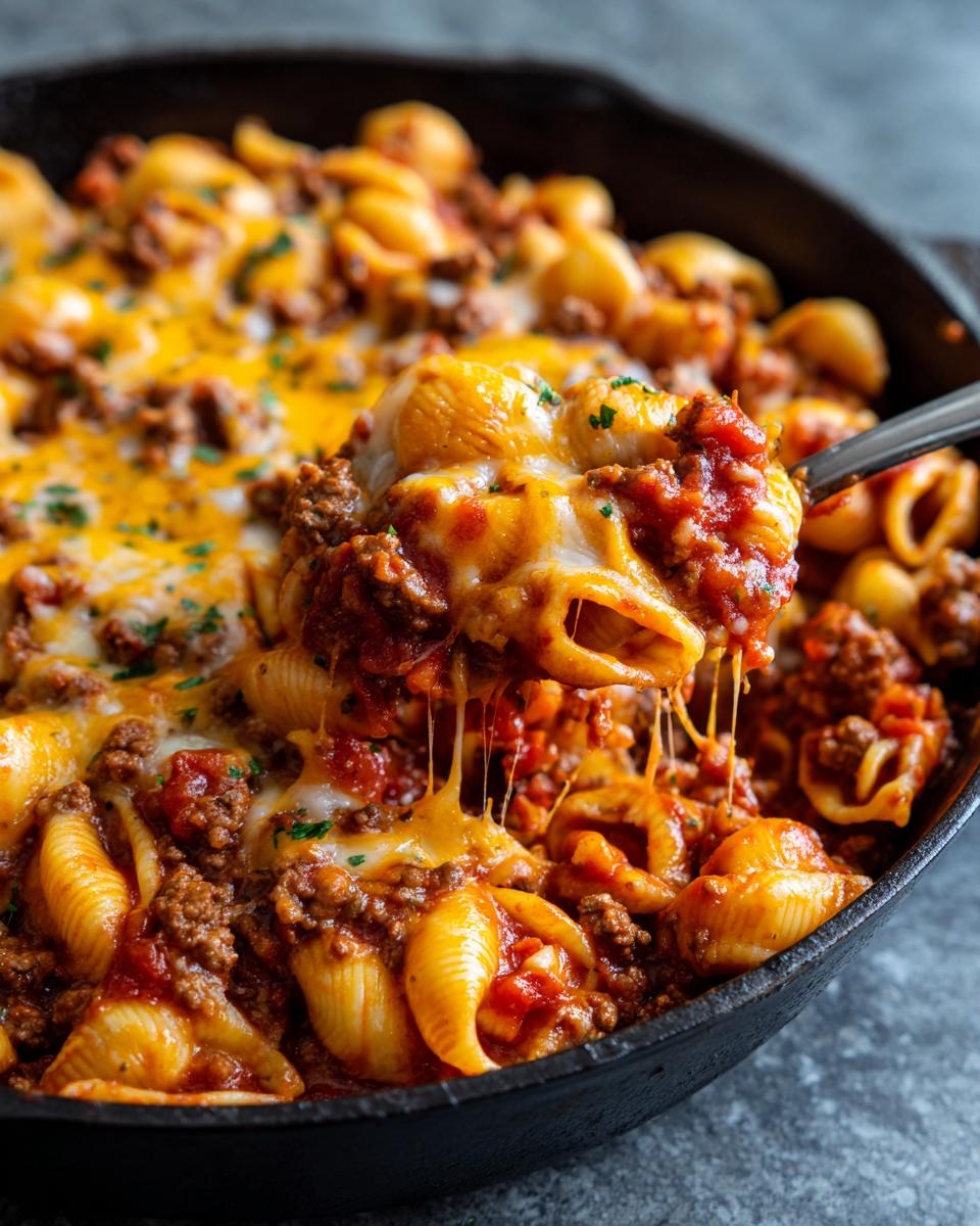 A spoonful of Irresistible Simple Ground Beef Shells Skillet, with melted cheese stretching.