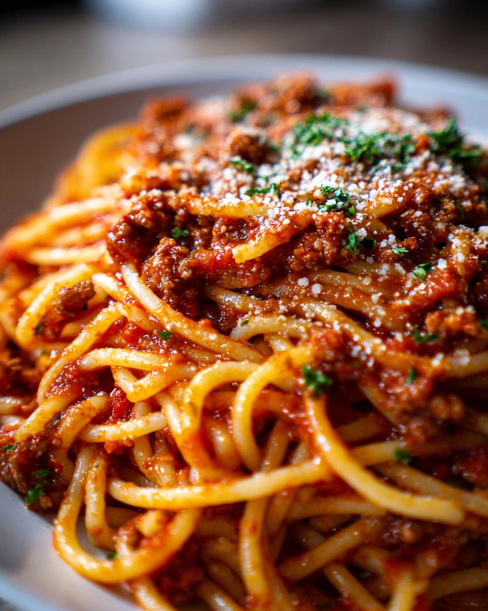 A close-up shot of a bowl of Irresistible Spaghetti Bolognese, topped with rich meat sauce and grated Parmesan cheese.