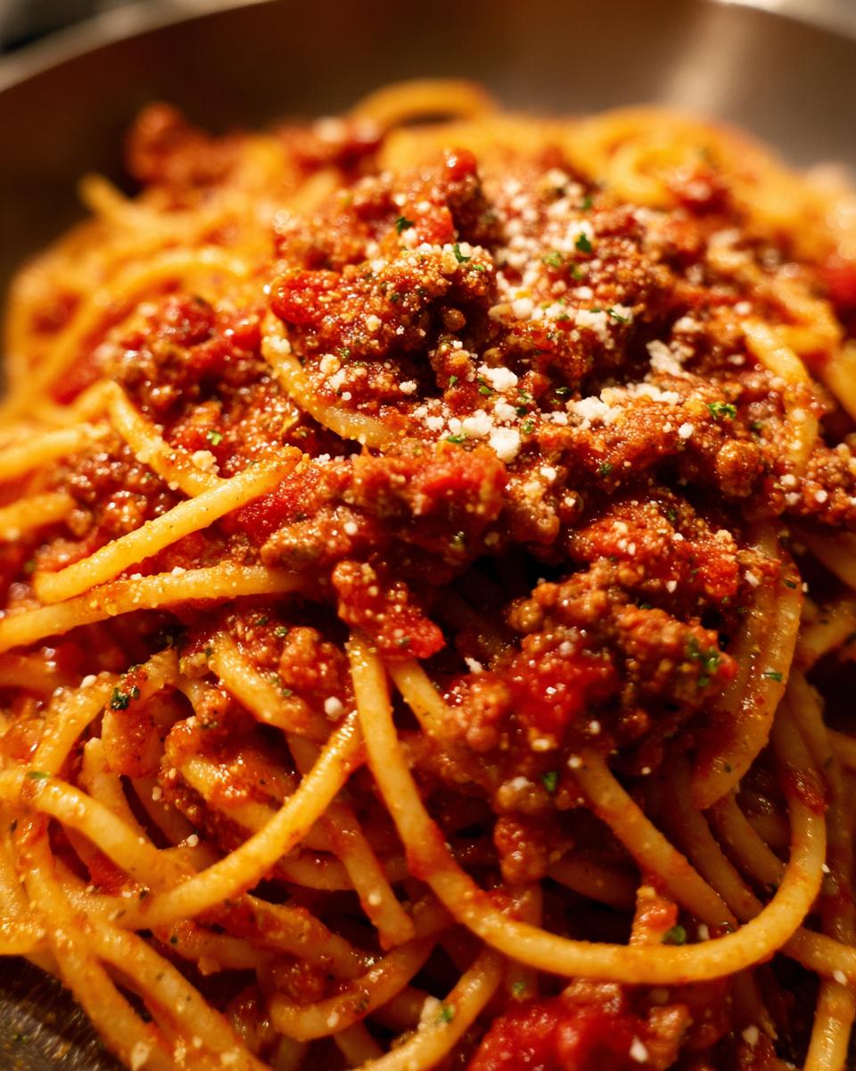 A close-up, mouthwatering view of Irresistible Spaghetti Bolognese, topped with rich meat sauce and grated Parmesan cheese.