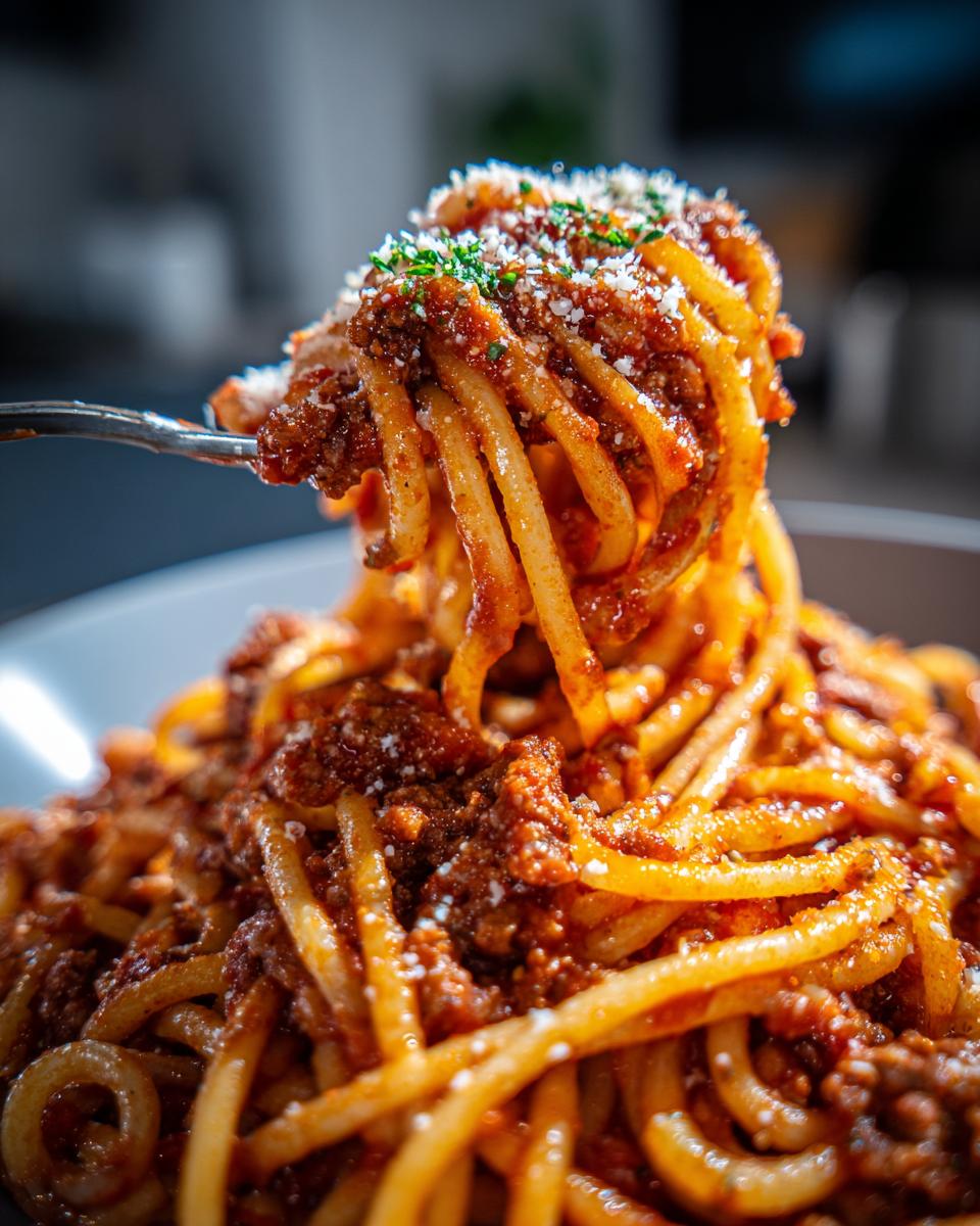 A forkful of Irresistible Spaghetti Bolognese, coated in rich meat sauce and topped with grated Parmesan cheese and parsley.