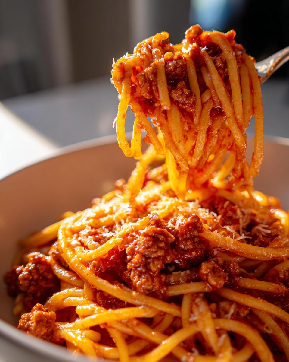 A fork lifting a generous portion of Irresistible Spaghetti Bolognese, coated in rich meat sauce and topped with grated Parmesan cheese.