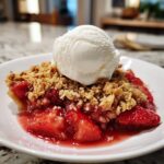 A slice of irresistible warm and gooey strawberry crisp topped with a scoop of vanilla ice cream on a white plate.