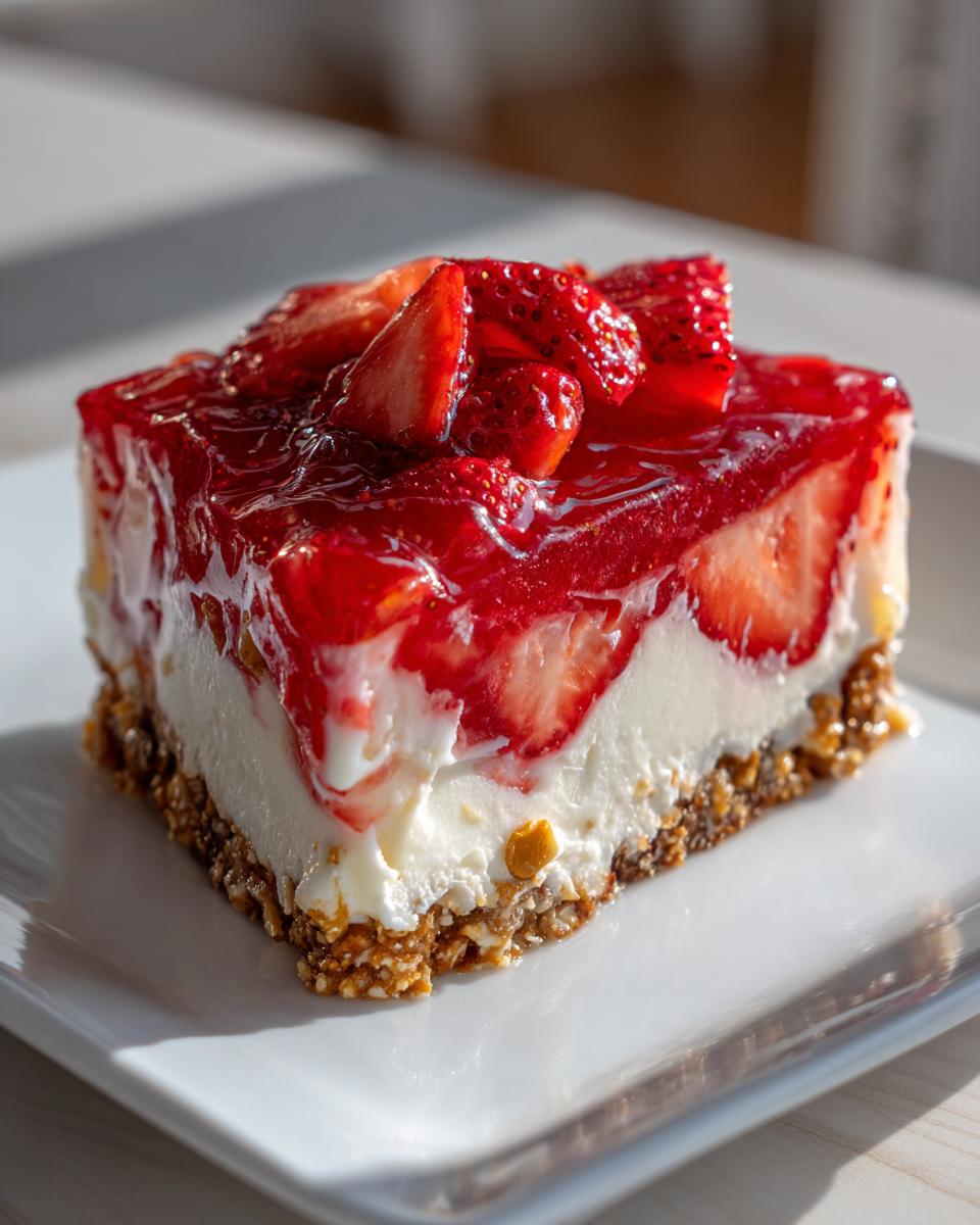 A delicious slice of Irresistible Strawberry Pretzel Jello Salad on a white plate, featuring a pretzel crust, creamy filling, and strawberry jello topping.