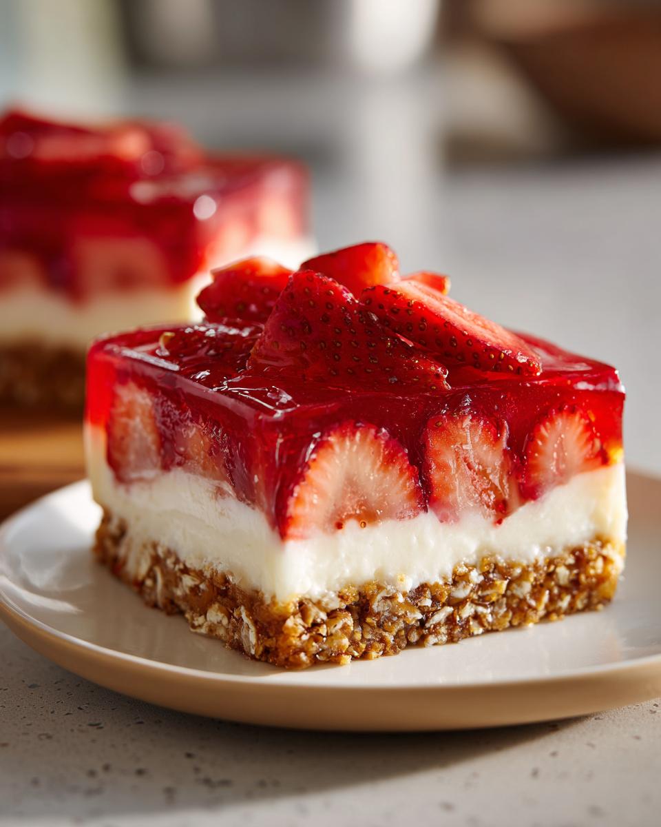 A close-up of a slice of Irresistible Strawberry Pretzel Jello Salad, showcasing layers of pretzel crust, creamy filling, and strawberry jello.