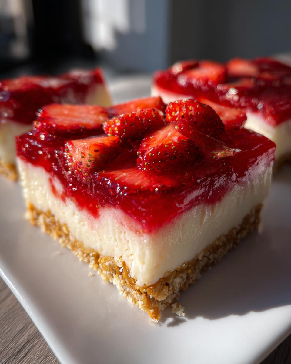 A close-up of a slice of Irresistible Strawberry Pretzel Jello Salad, showcasing the creamy white layer topped with bright red jello and fresh strawberries.