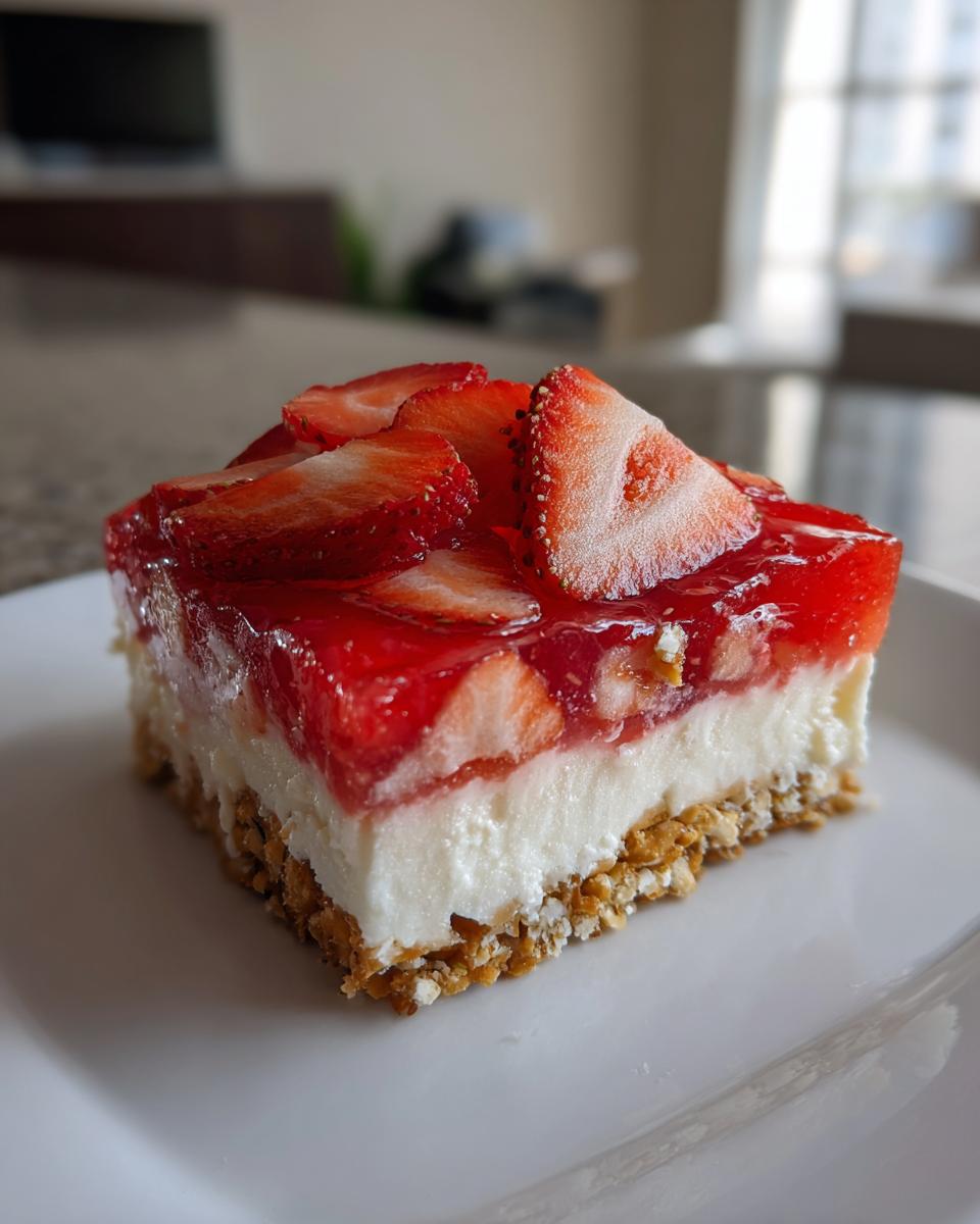 A delicious slice of Irresistible Strawberry Pretzel Jello Salad, topped with fresh strawberries and jello.